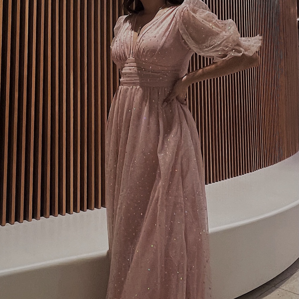 SHEIN Pink Ruched Maxi Dress with Bishop Sleeves